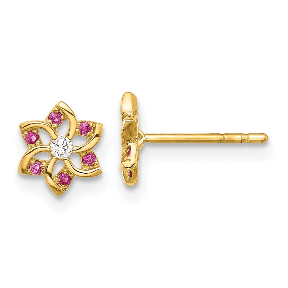 14K Yellow Gold Polished Red and White CZ Flower Post Earrings