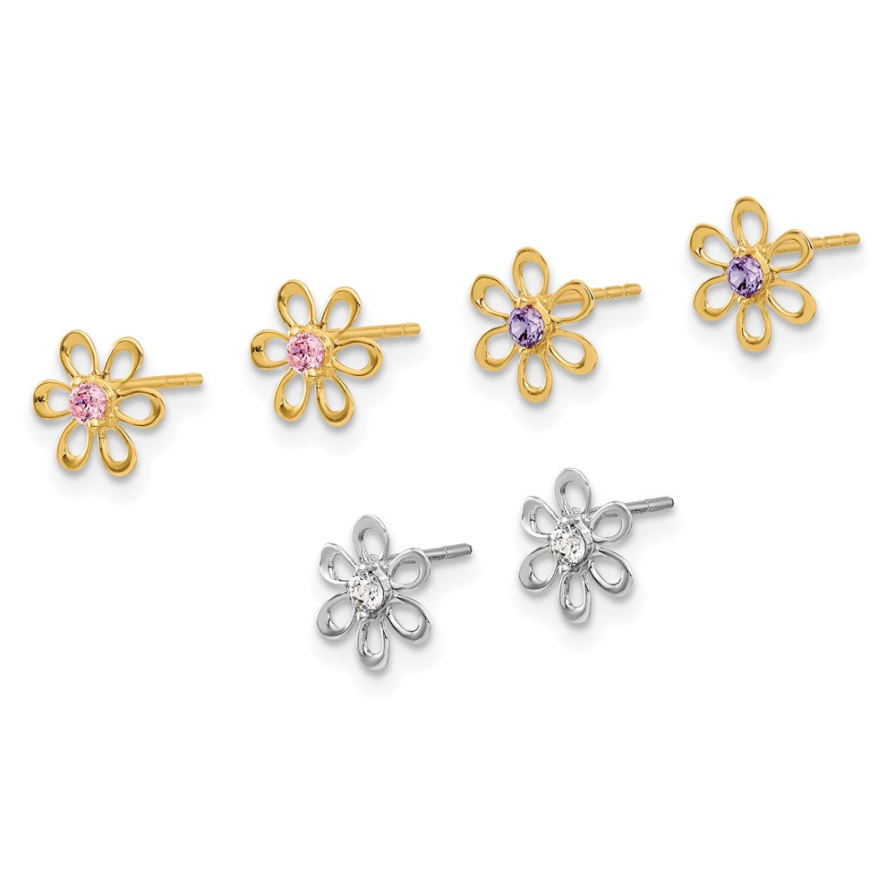 14K Two-Tone Yellow and White Gold Multi-Color CZ Flower Post Earring Set
