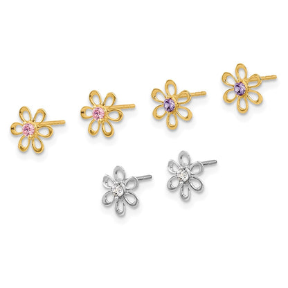 14K Two-Tone Yellow and White Gold Multi-Color CZ Flower Post Earring Set
