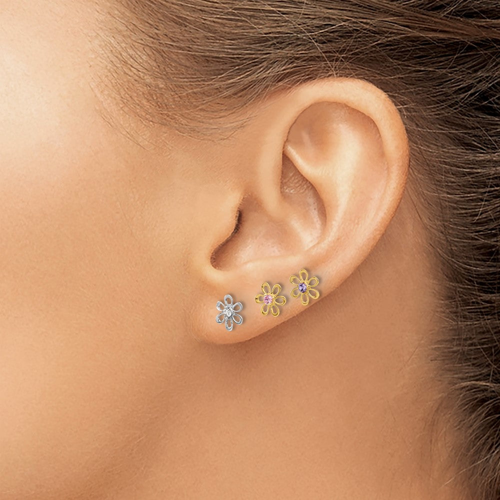 14K Two-Tone Yellow and White Gold Multi-Color CZ Flower Post Earring Set