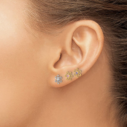 14K Two-Tone Yellow and White Gold Multi-Color CZ Flower Post Earring Set