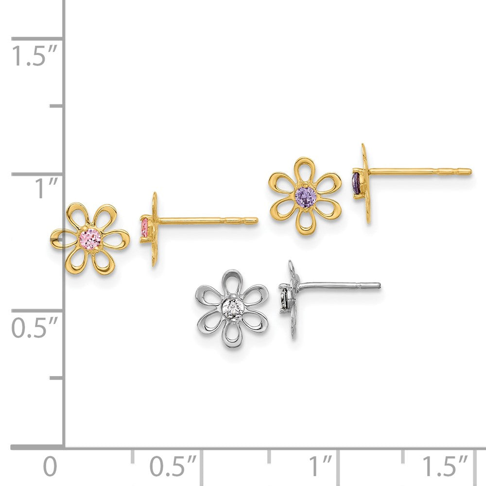 14K Two-Tone Yellow and White Gold Multi-Color CZ Flower Post Earring Set