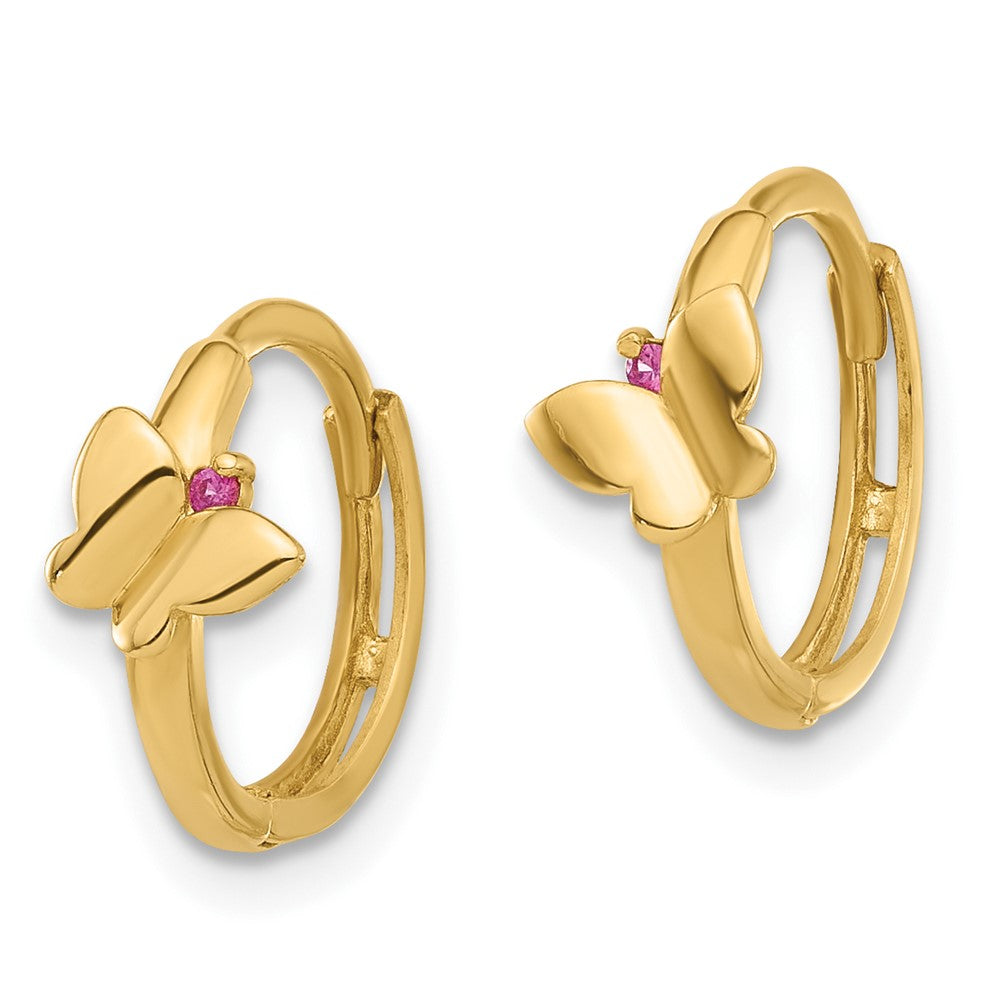 14K Yellow Gold Polished Pink CZ Butterfly Hinged Hoop Earrings