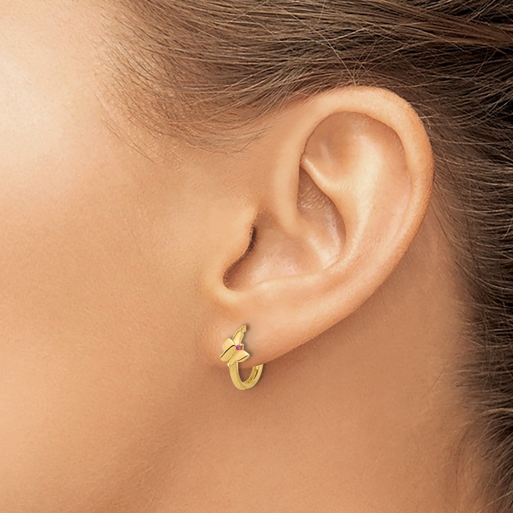 14K Yellow Gold Polished Pink CZ Butterfly Hinged Hoop Earrings