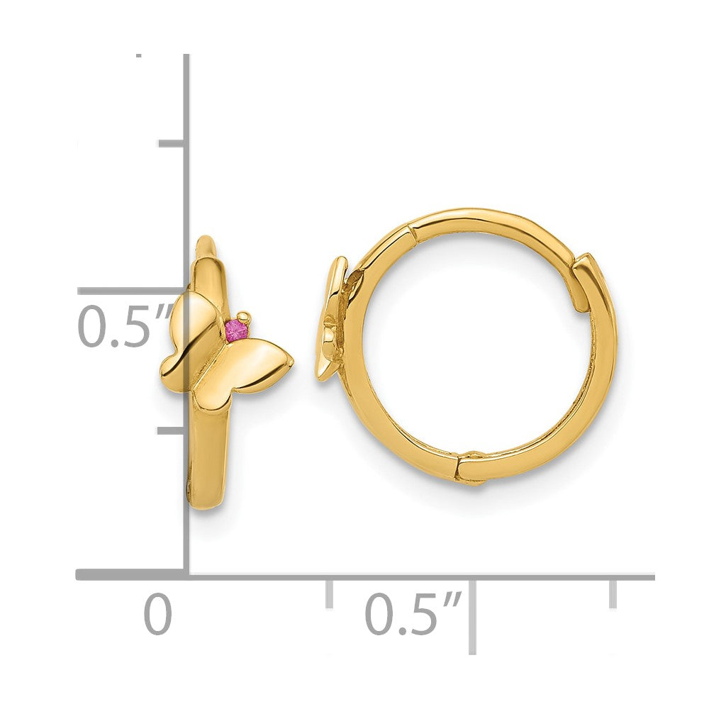 14K Yellow Gold Polished Pink CZ Butterfly Hinged Hoop Earrings