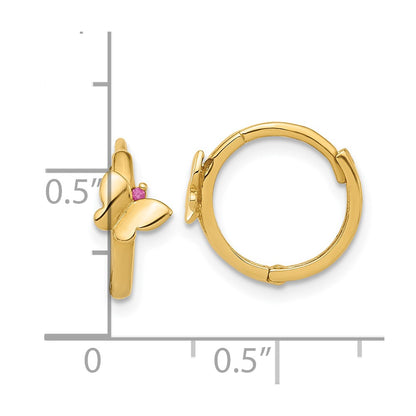 14K Yellow Gold Polished Pink CZ Butterfly Hinged Hoop Earrings