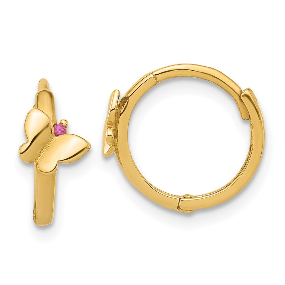 14K Yellow Gold Polished Pink CZ Butterfly Hinged Hoop Earrings