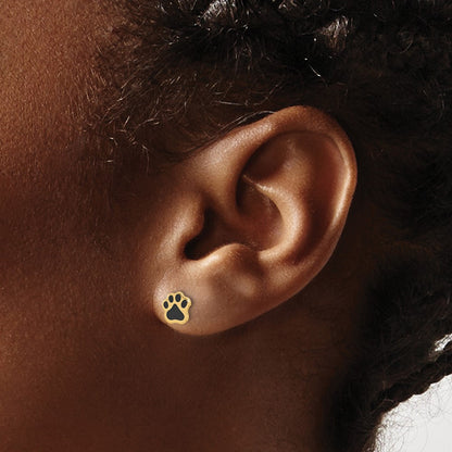 14K Yellow Gold Polished Paw with Black Enamel Post Earrings