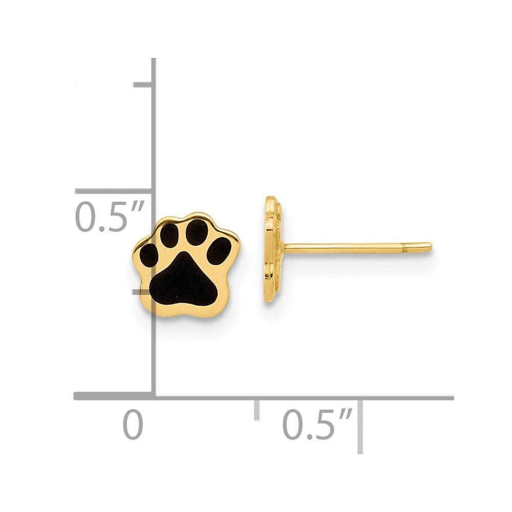 14K Yellow Gold Polished Paw with Black Enamel Post Earrings