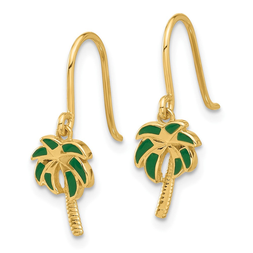 14K Yellow Gold Polished Green Enameled Palm Tree Shepherd Hook Dangle Earrings