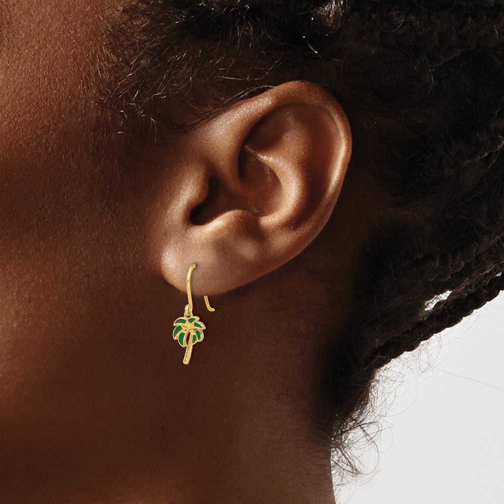 14K Yellow Gold Polished Green Enameled Palm Tree Shepherd Hook Dangle Earrings
