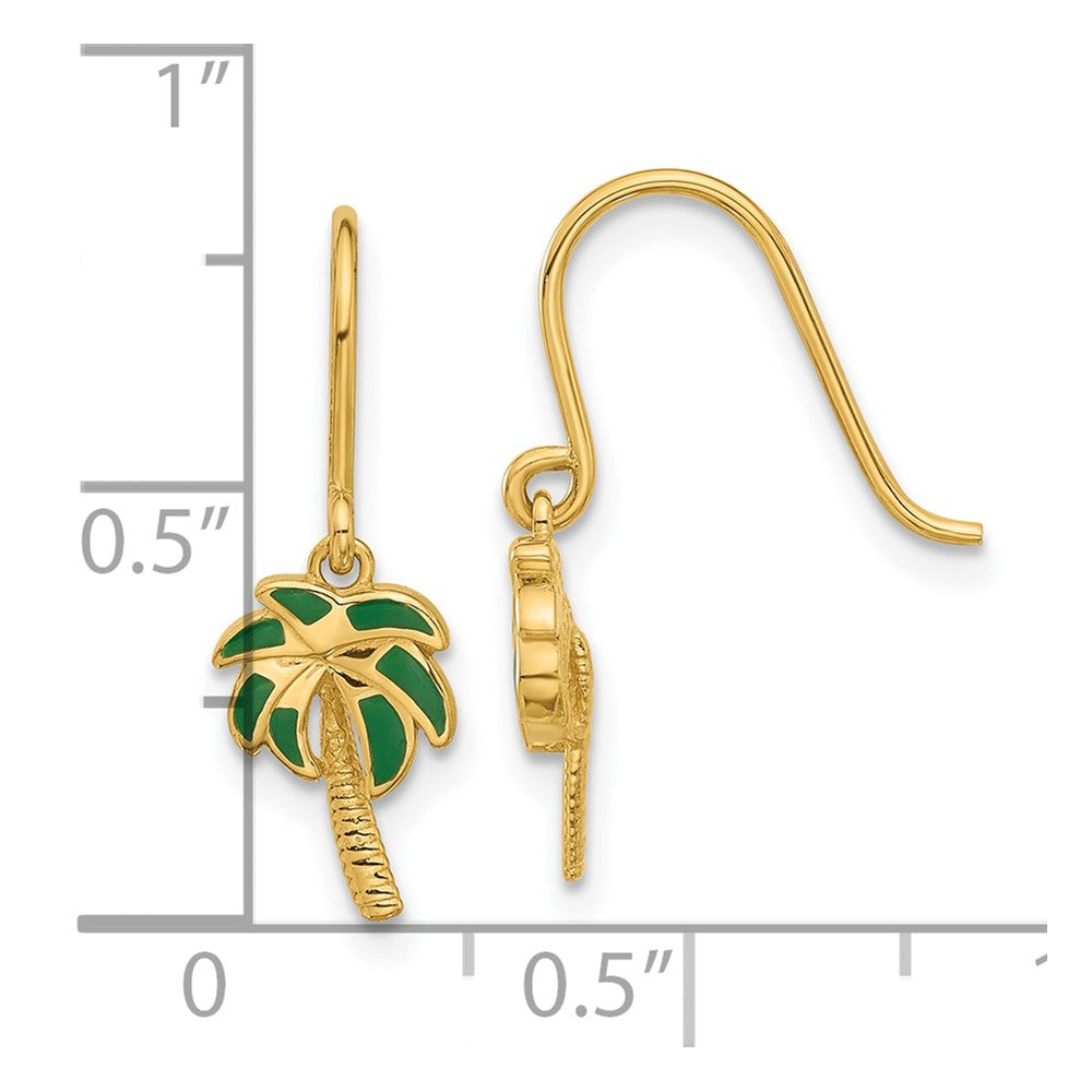 14K Yellow Gold Polished Green Enameled Palm Tree Shepherd Hook Dangle Earrings