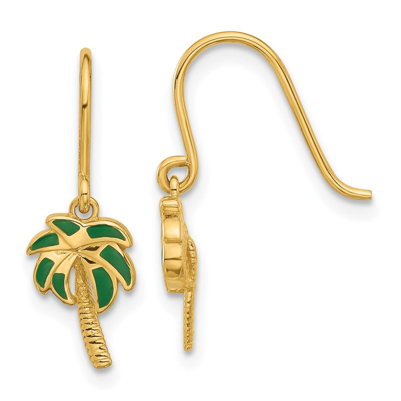 14K Yellow Gold Polished Green Enameled Palm Tree Shepherd Hook Dangle Earrings
