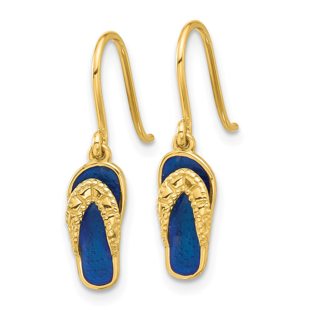 14K Yellow Gold Polished Blue Enameled Flip Flop Shepherd Hook Dangle Earrings