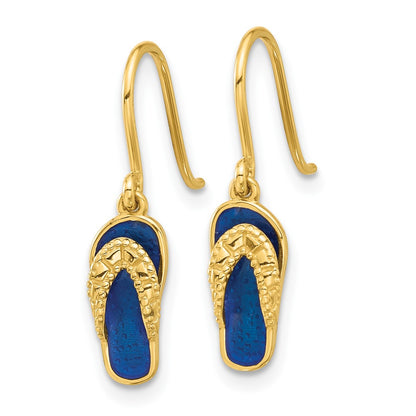 14K Yellow Gold Polished Blue Enameled Flip Flop Shepherd Hook Dangle Earrings