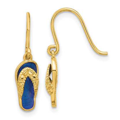 14K Yellow Gold Polished Blue Enameled Flip Flop Shepherd Hook Dangle Earrings