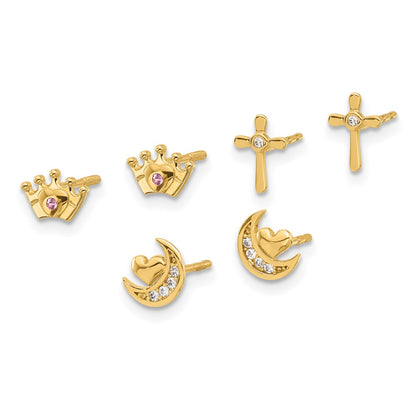 14K Yellow Gold Polished CZ Moon Cross and Crown Post Earring Set
