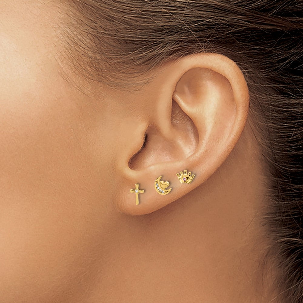 14K Yellow Gold Polished CZ Moon Cross and Crown Post Earring Set