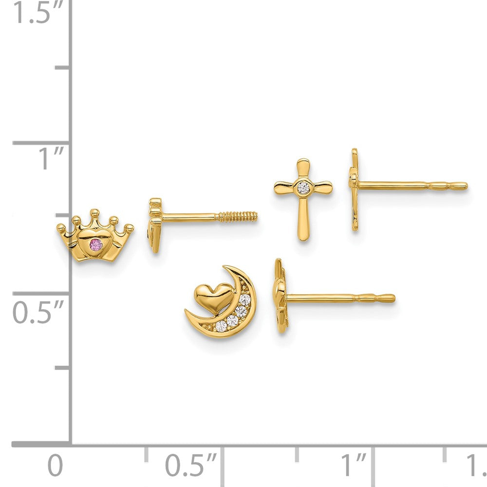 14K Yellow Gold Polished CZ Moon Cross and Crown Post Earring Set