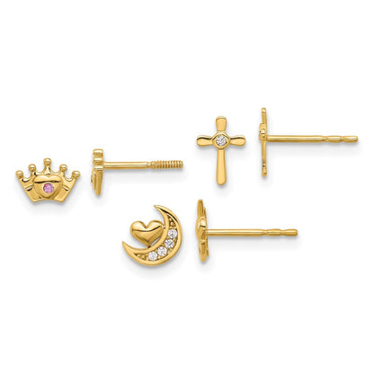 14K Yellow Gold Polished CZ Moon Cross and Crown Post Earring Set