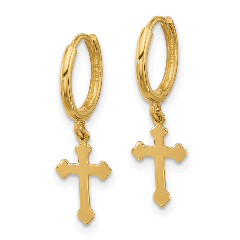14K Yellow Gold Hinged Dangle Cross Hoop Earrings