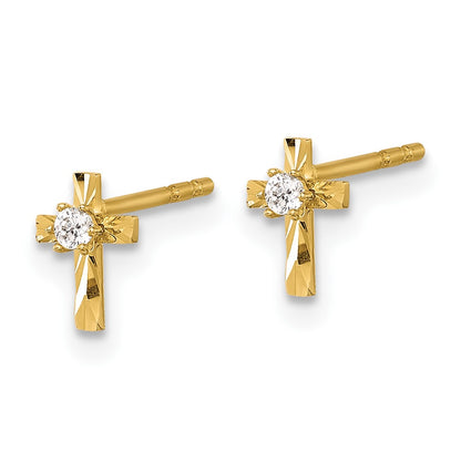 14K Yellow Gold Polished and D/c CZ Cross Post Earrings