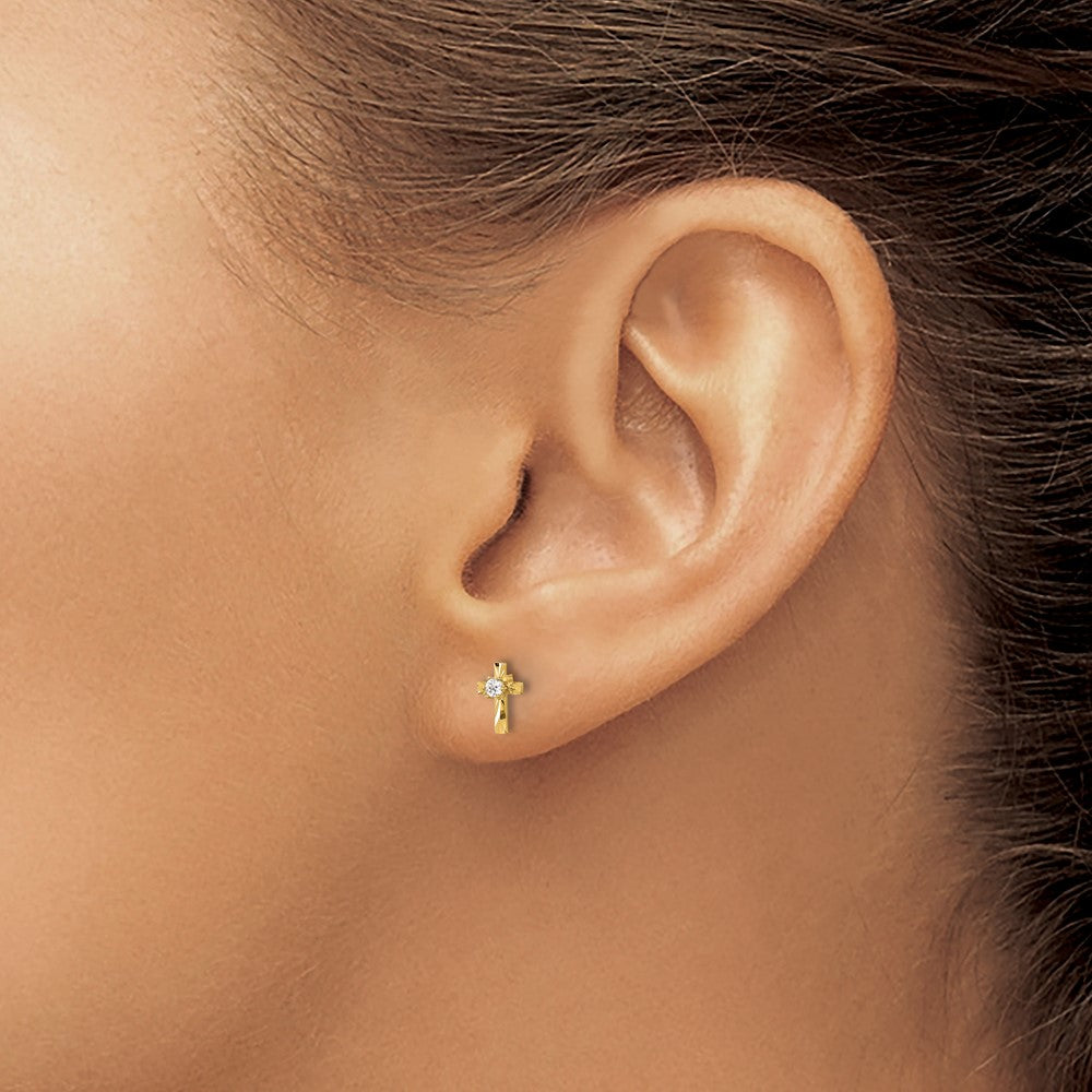 14K Yellow Gold Polished and D/c CZ Cross Post Earrings