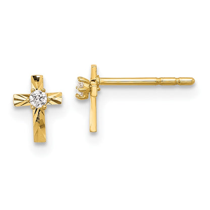14K Yellow Gold Polished and D/c CZ Cross Post Earrings