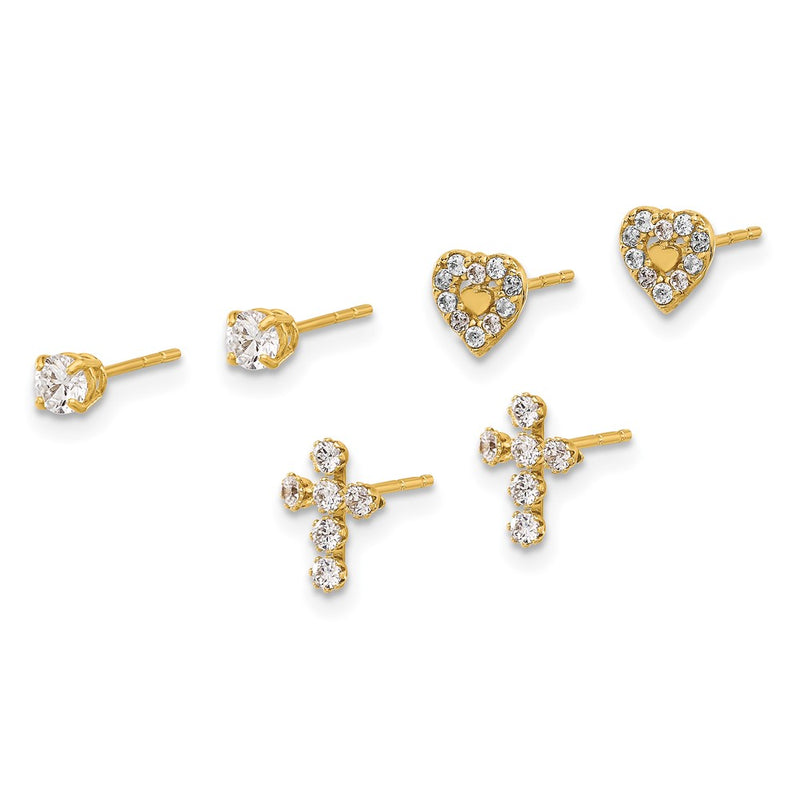 14K Yellow Gold Polished CZ Cross Heart and Stud Post Earring Set
