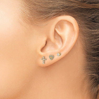 14K Yellow Gold Polished CZ Cross Heart and Stud Post Earring Set
