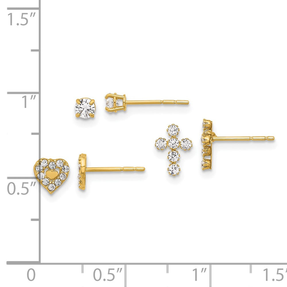 14K Yellow Gold Polished CZ Cross Heart and Stud Post Earring Set