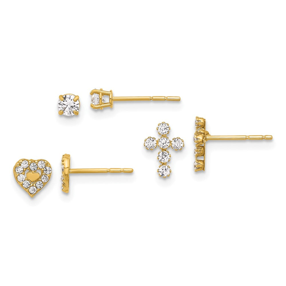 14K Yellow Gold Polished CZ Cross Heart and Stud Post Earring Set