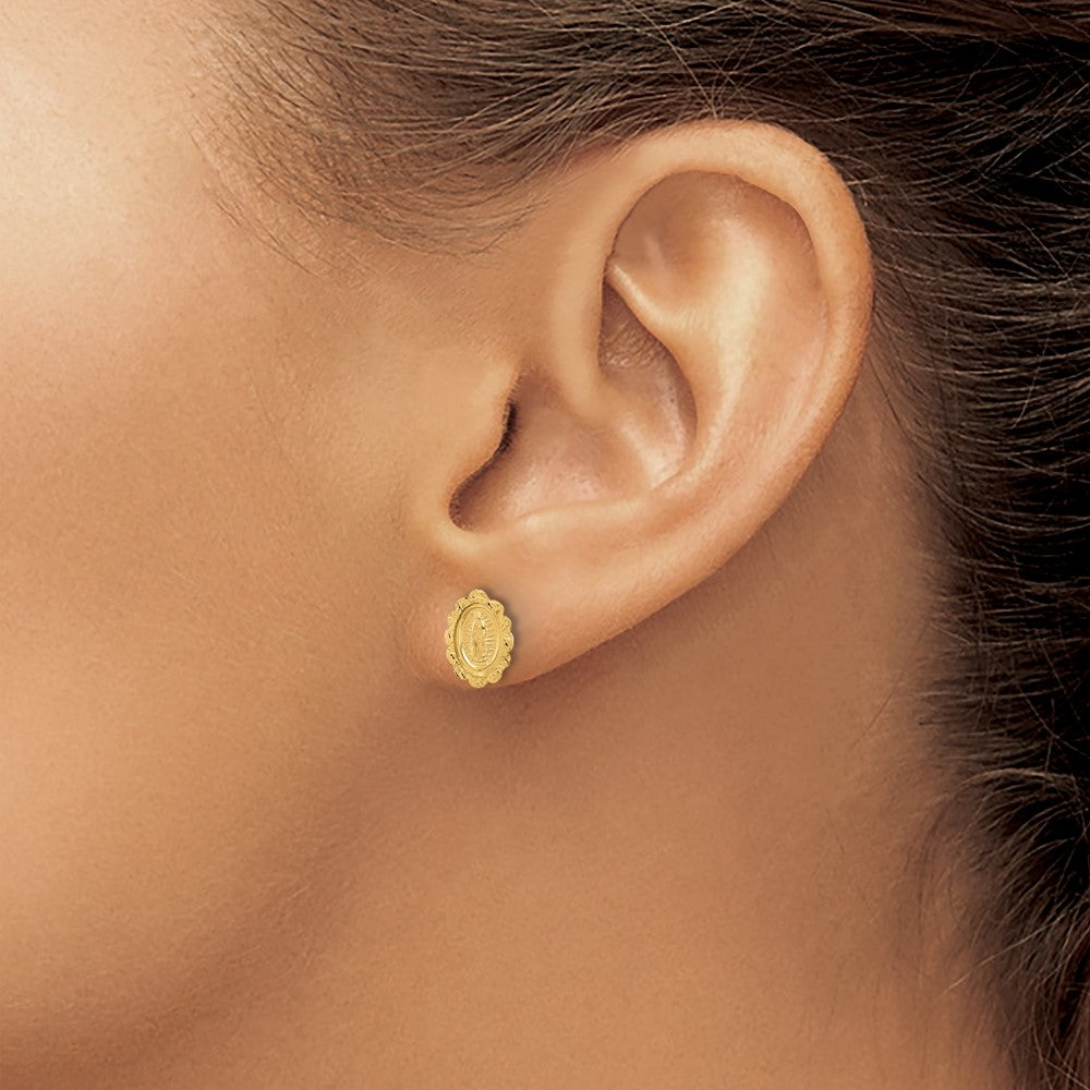 14K Yellow Gold Diamond Cut Miraculous Medal Post Earrings