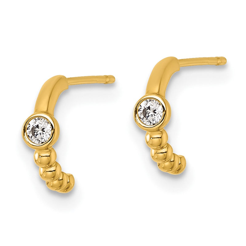 14K Yellow Gold Polished and Beaded CZ Post C-Hoop Earrings