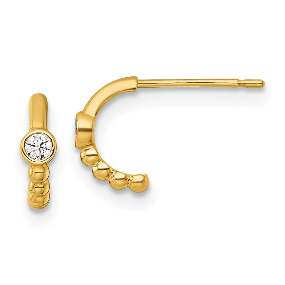 14K Yellow Gold Polished and Beaded CZ Post C-Hoop Earrings