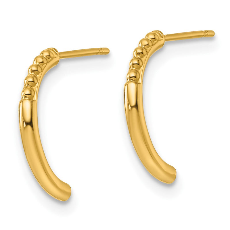 14K Yellow Gold Polished and Beaded Post J-Hoop Earrings