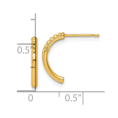 14K Yellow Gold Polished and Beaded Post J-Hoop Earrings