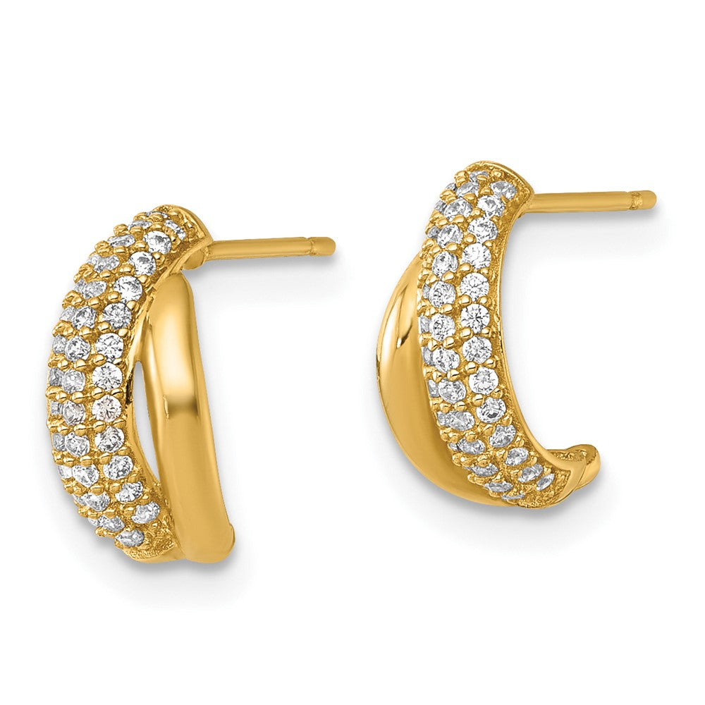 14K Yellow Gold Polished Fancy Pave CZ Post J-Hoop Earrings