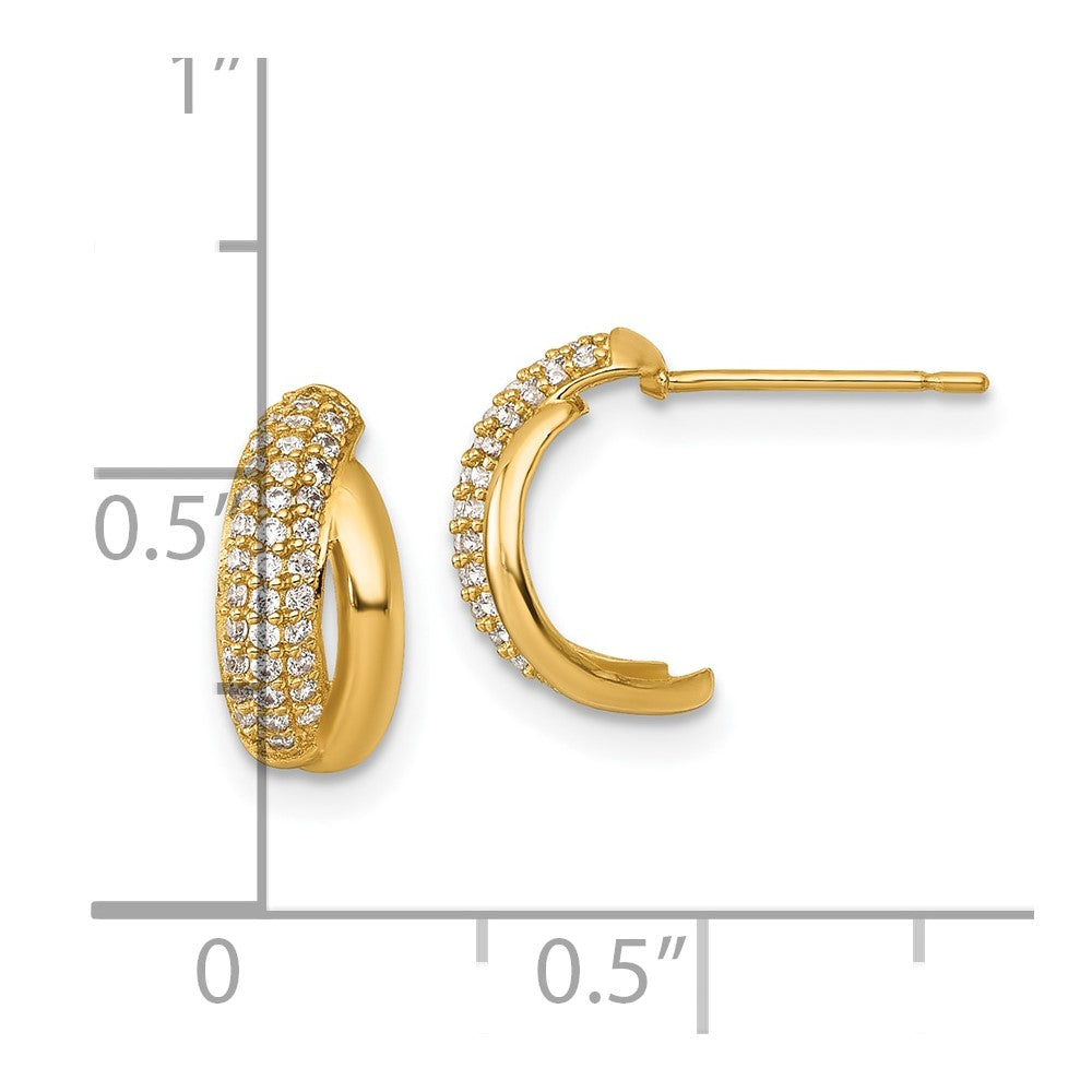 14K Yellow Gold Polished Fancy Pave CZ Post J-Hoop Earrings