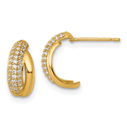 14K Yellow Gold Polished Fancy Pave CZ Post J-Hoop Earrings