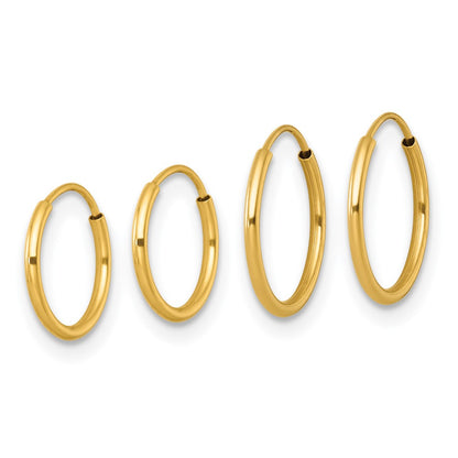 14K Yellow Gold Polished Set of Two Pairs 1mm Endless Hoop Earrings