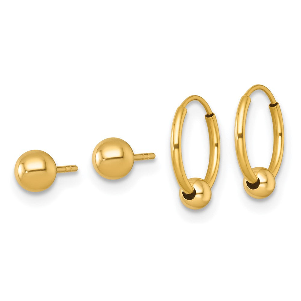 14K Yellow Gold Polished Set of Two Post and Hoop W/ Bead Earrings