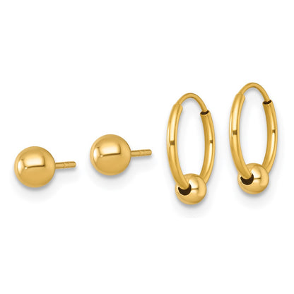 14K Yellow Gold Polished Set of Two Post and Hoop W/ Bead Earrings