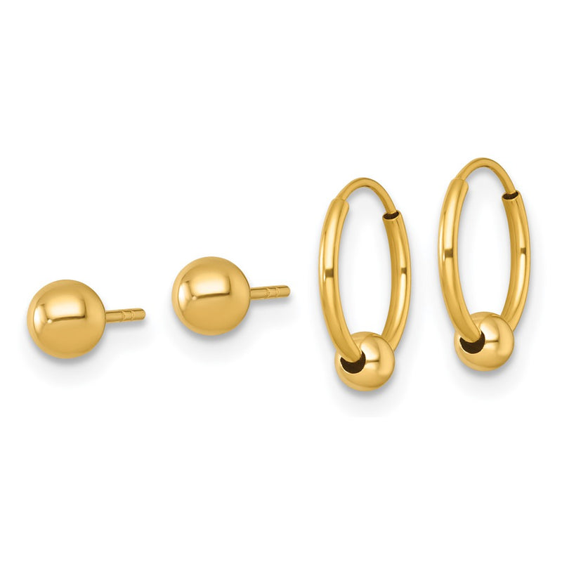 14K Yellow Gold Polished Set of Two Post and Hoop W/ Bead Earrings