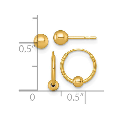 14K Yellow Gold Polished Set of Two Post and Hoop W/ Bead Earrings