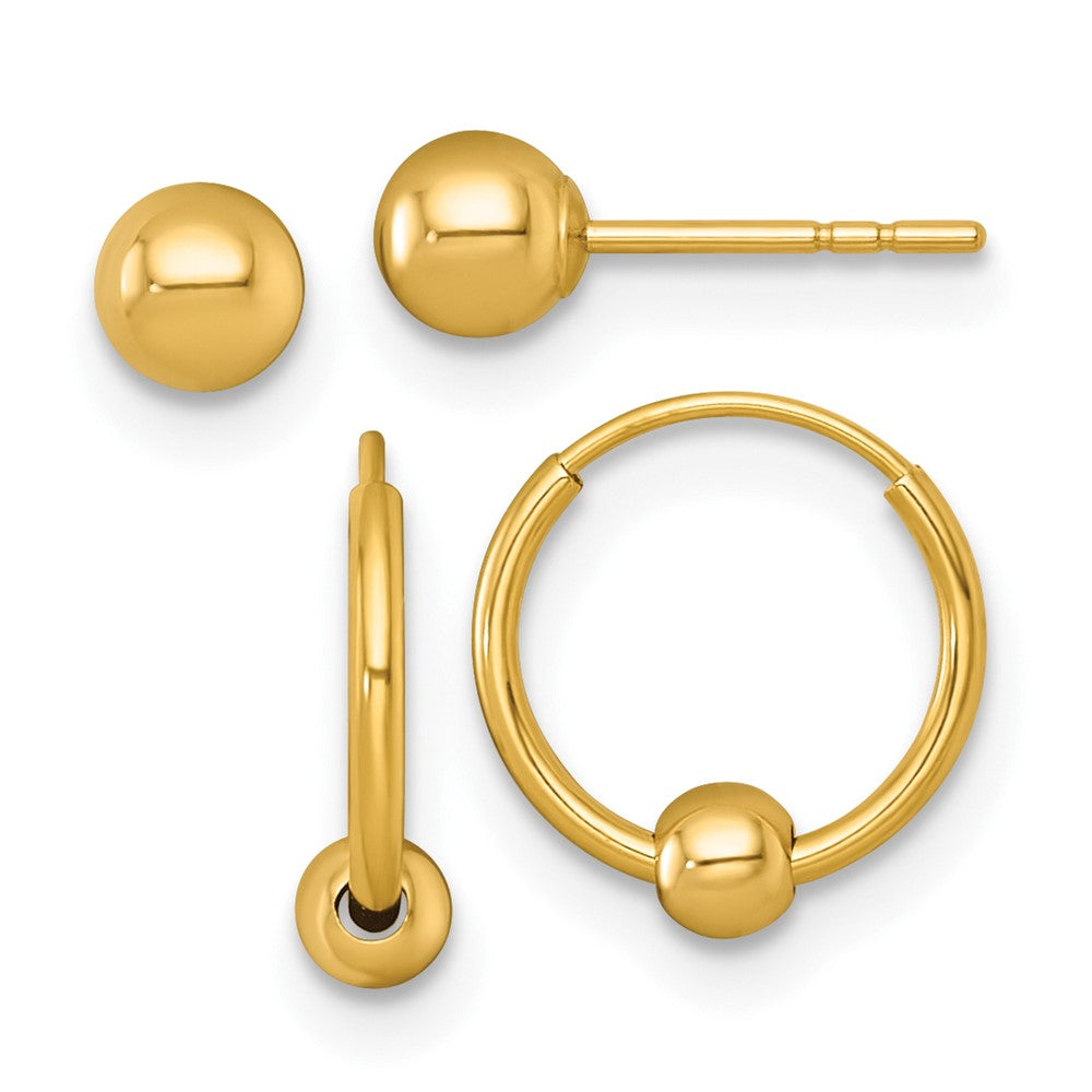 14K Yellow Gold Polished Set of Two Post and Hoop W/ Bead Earrings
