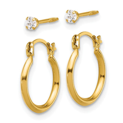 14K Yellow Gold 1.50mm Hoop and 2.5mm White CZ Screwback Post Set of 2 Earrings