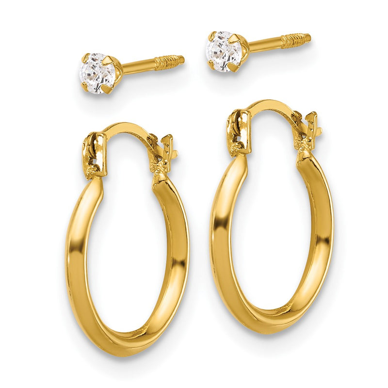 14K Yellow Gold 1.50mm Hoop and 2.5mm White CZ Screwback Post Set of 2 Earrings