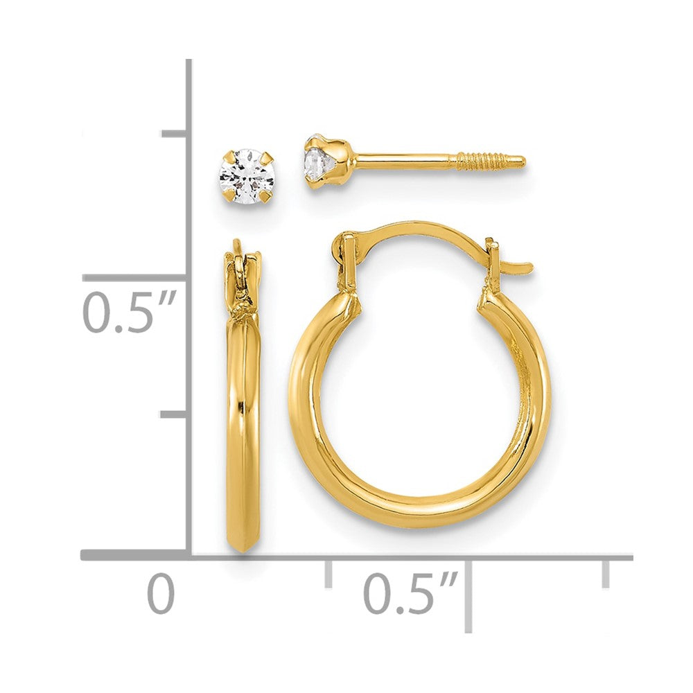 14K Yellow Gold 1.50mm Hoop and 2.5mm White CZ Screwback Post Set of 2 Earrings