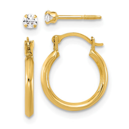 14K Yellow Gold 1.50mm Hoop and 2.5mm White CZ Screwback Post Set of 2 Earrings